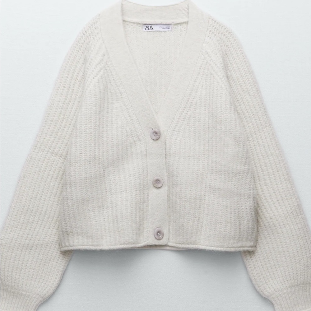 Zara Light Gray Purl Knit Jacket Sweater Cardigan